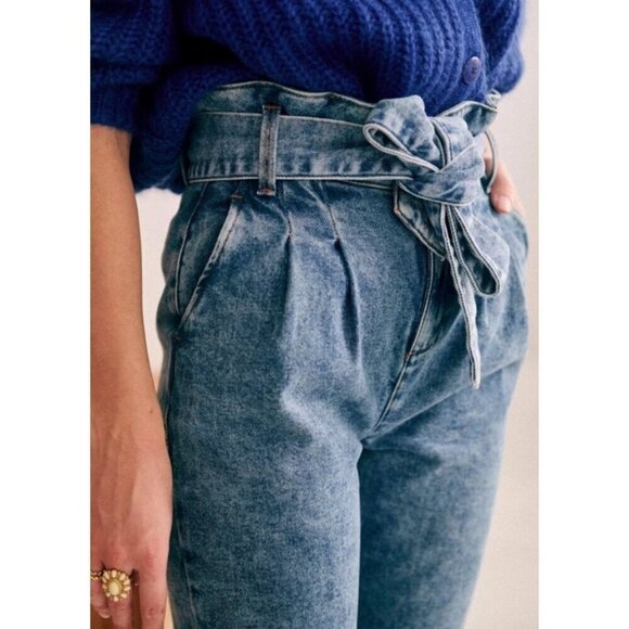 💕SEZANE💕 Austin Belted Paperbag Denim Trousers ~ Bleached Blue FR 36 NWOT - Picture 2 of 16